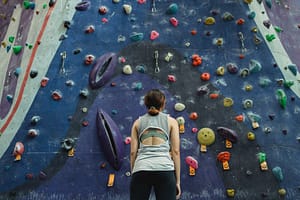 Girl looking up at a climbing wall