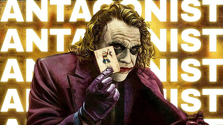 The Joker on a background that says "ANTAGONIST"