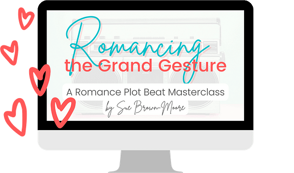 Visual representation (monitor) of the Romancing the Grand Gesture masterclass workshop about the grand gesture romance plot beat.