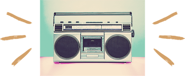 A picture of an 80s style boombox in silver with a baby blue and pink background that is surrounded by doodles