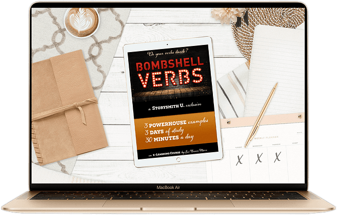 macbook showing Bombshell Verbs e-course by Sue Brown-Moore