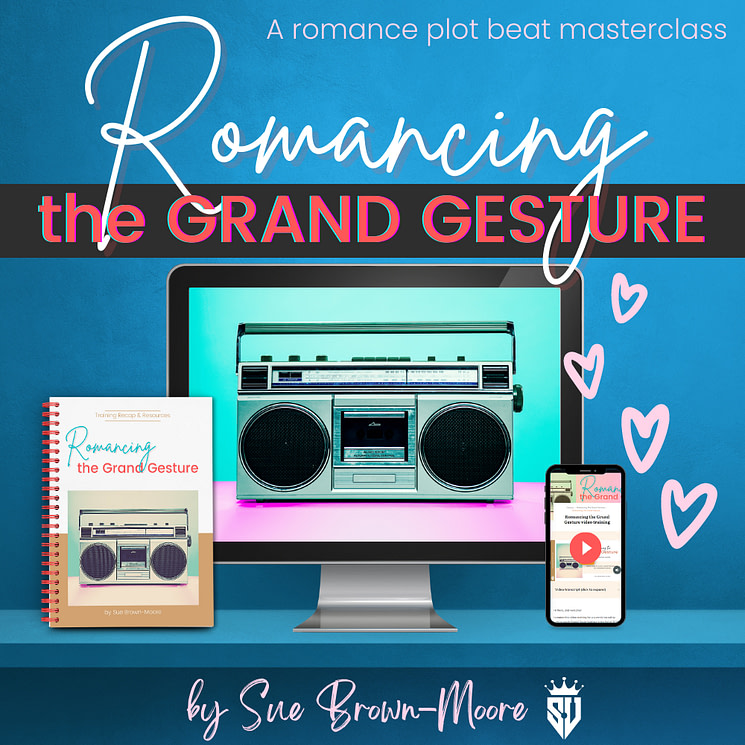Bold blue background with a monitor showing a boombox, a spiral notebook, and a phone for the Romancing the Grand Gesture masterclass by Sue Brown-Moore