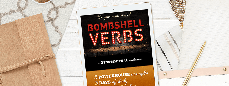 ipad with Bombshell Verbs course cover and neutral colored scene